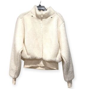 Alo Cream Sherpa Foxy Faux Fur Bomber Cropped Zip Up Jacket Size XS